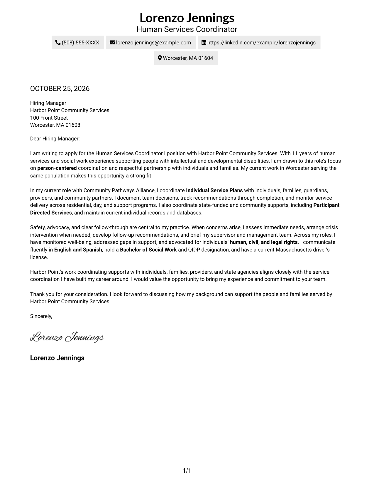 Cover letter example — page 1