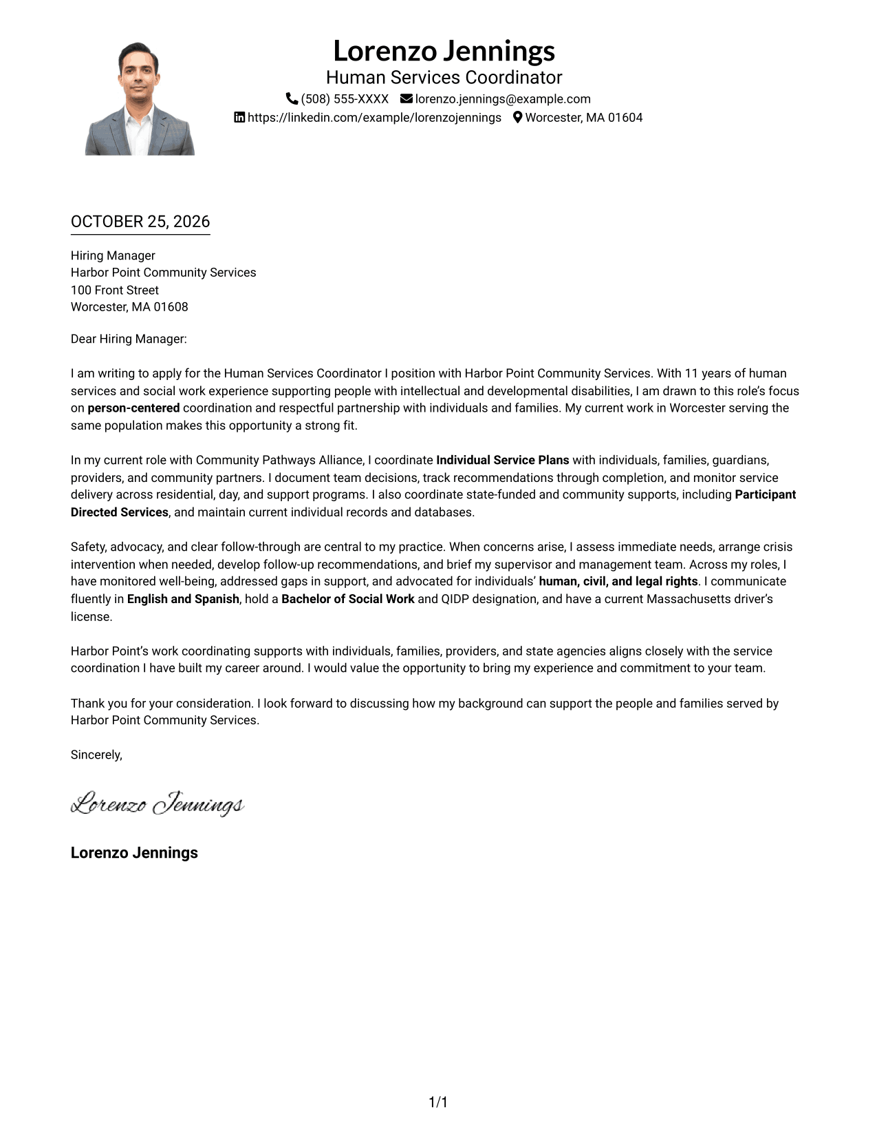 Cover letter example — page 1