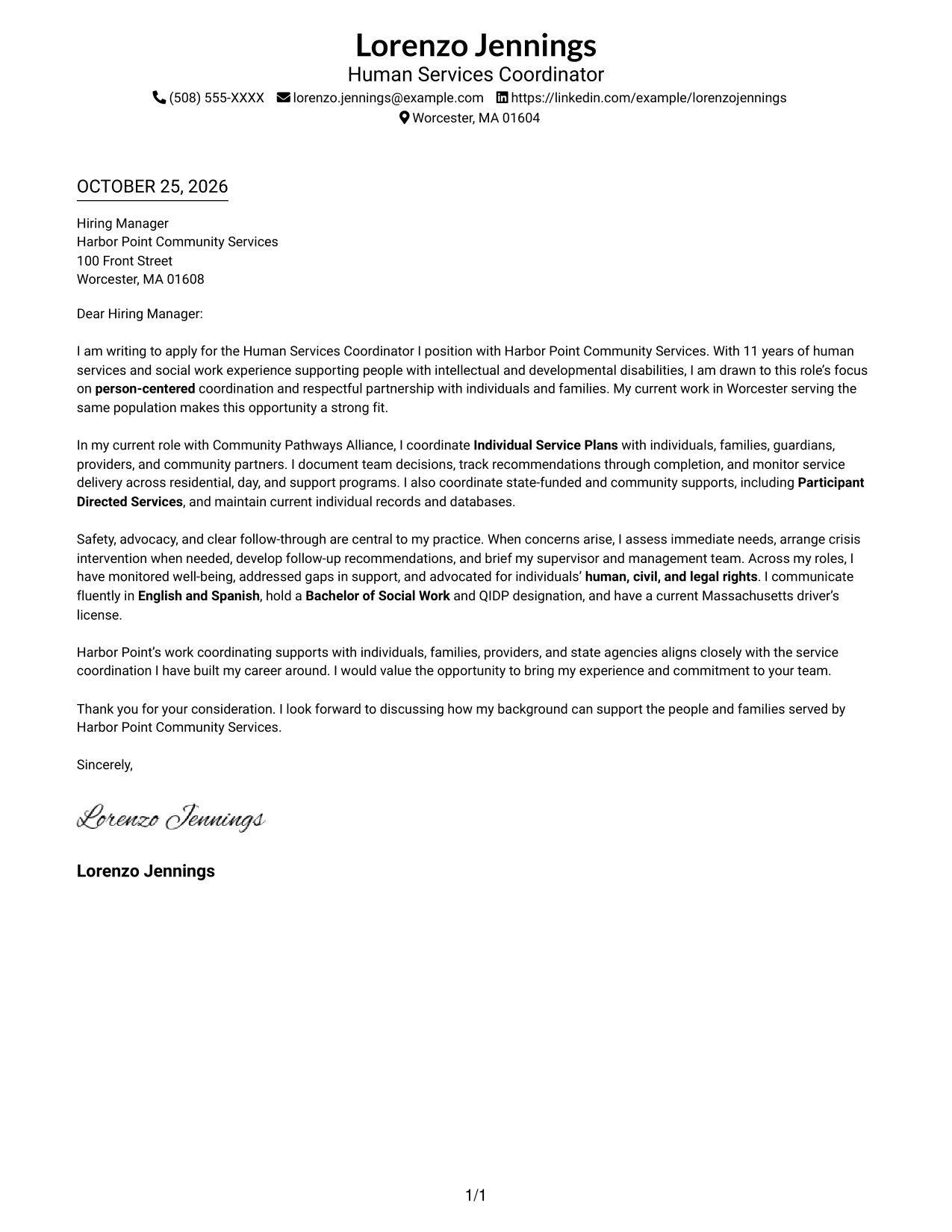 Cover letter example — page 1