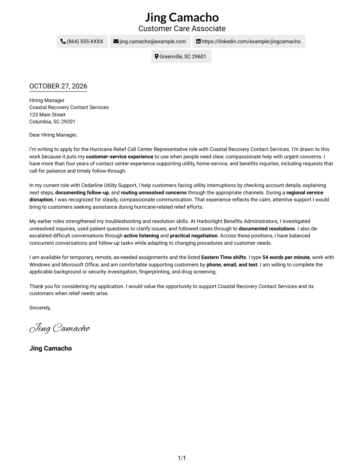 Cover letter example — page 1