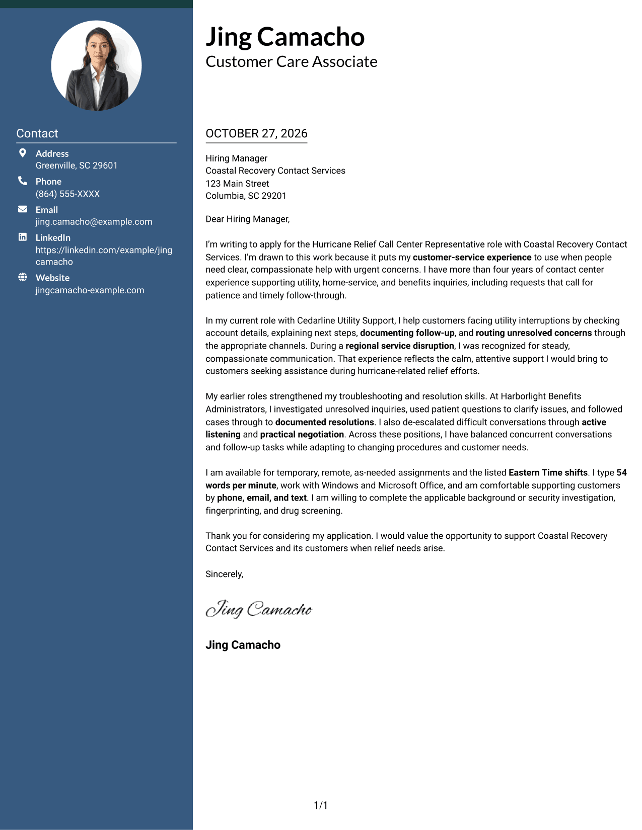 Cover letter example — page 1