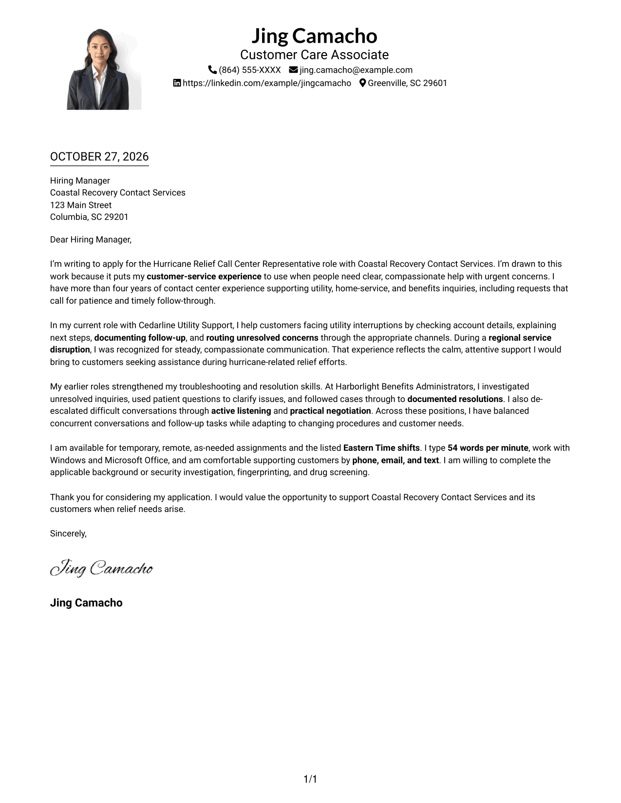 Cover letter example — page 1