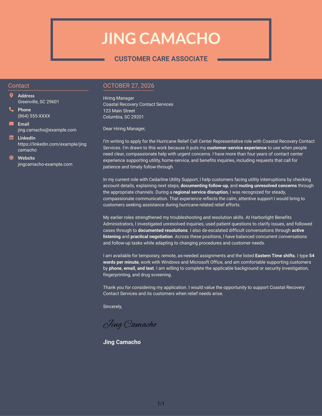 Cover letter example — page 1