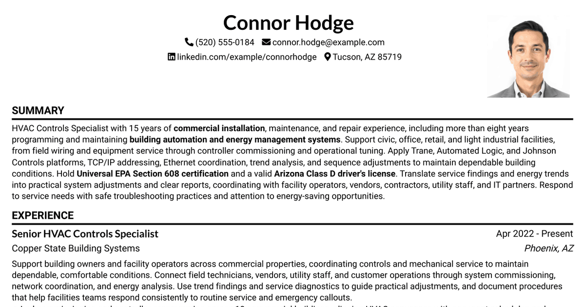 7 HVAC Controls Specialist - Building Automation Systems Resume Templates with Example