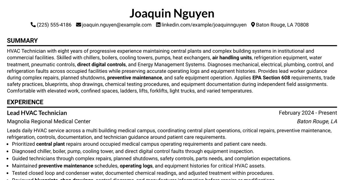 7 HVAC Technician Resume Templates with Example