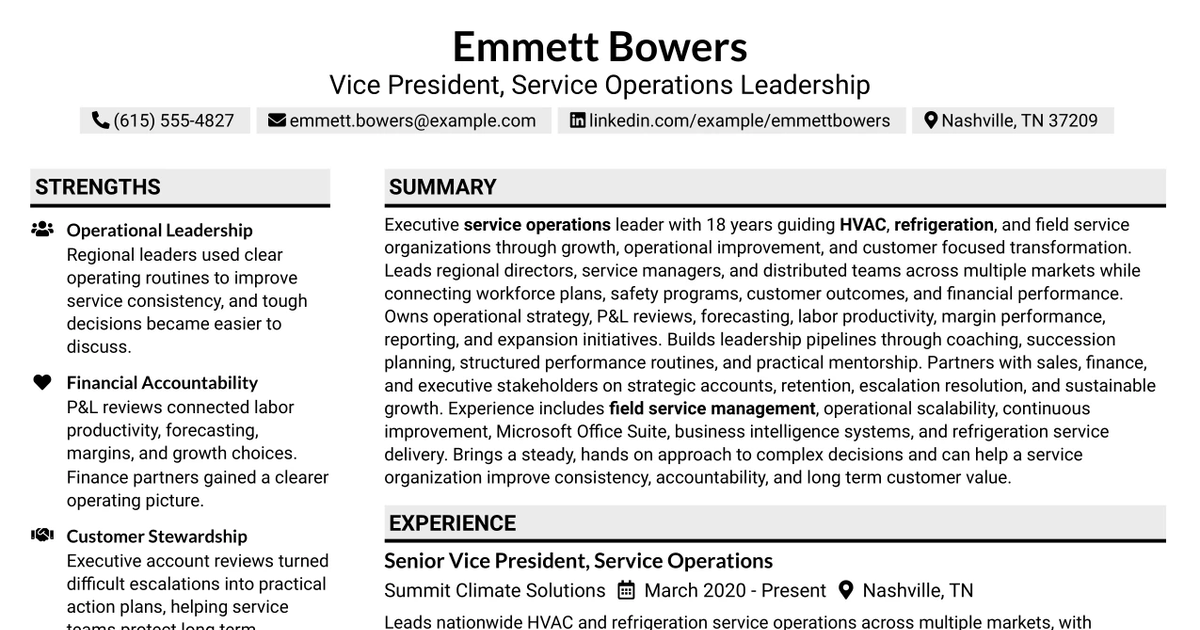 33 HVAC Vice President - Service Operations Leadership Resume Templates with Example
