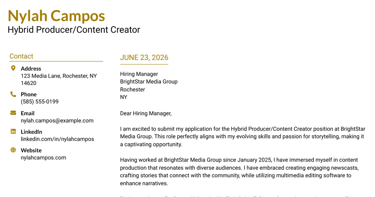 30+ Hybrid Producer/Content Creator Cover Letter Templates with Example 2026