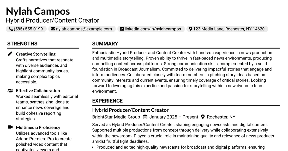 33 Hybrid Producer/Content Creator Resume Templates with Example 2026 (ATS-Optimized)