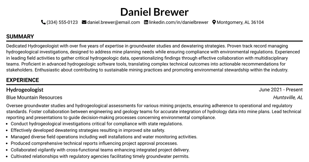 33 Hydrogeologist Resume Templates with Example 2026 (ATS-Optimized)