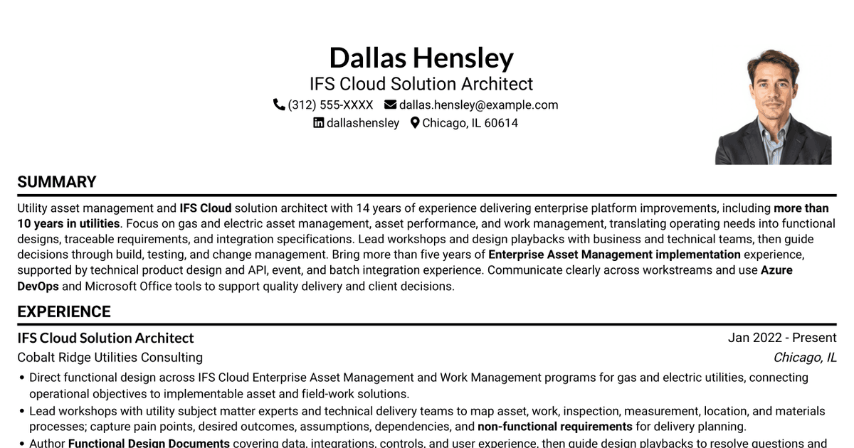 7 IFS Cloud Solution Architect - Utility Asset Management Resume Templates with Example