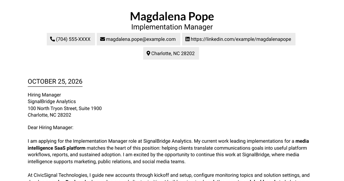 Implementation Manager - Media Intelligence Cover Letter