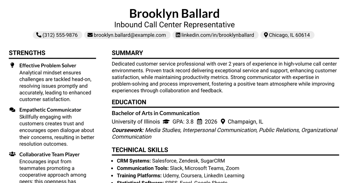 33 Inbound Call Center Representative Resume Templates with Example 2026 (ATS-Optimized)