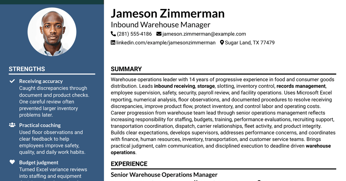 7 Inbound Warehouse Manager Resume Templates with Example