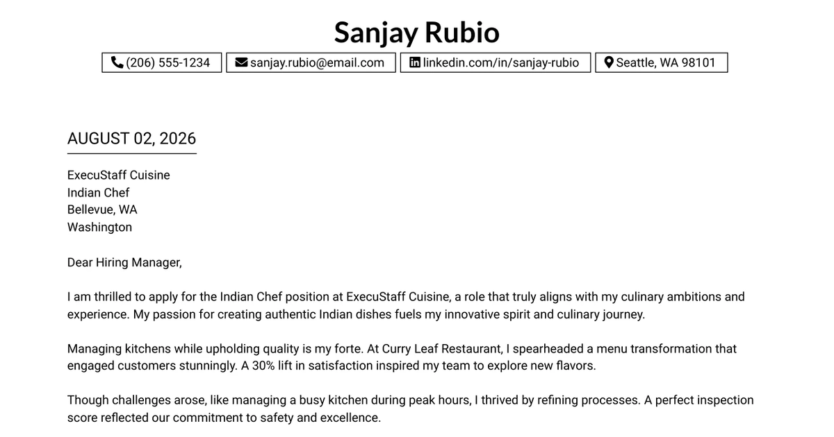 30+ Indian Chef Cover Letter Templates with Example 2026