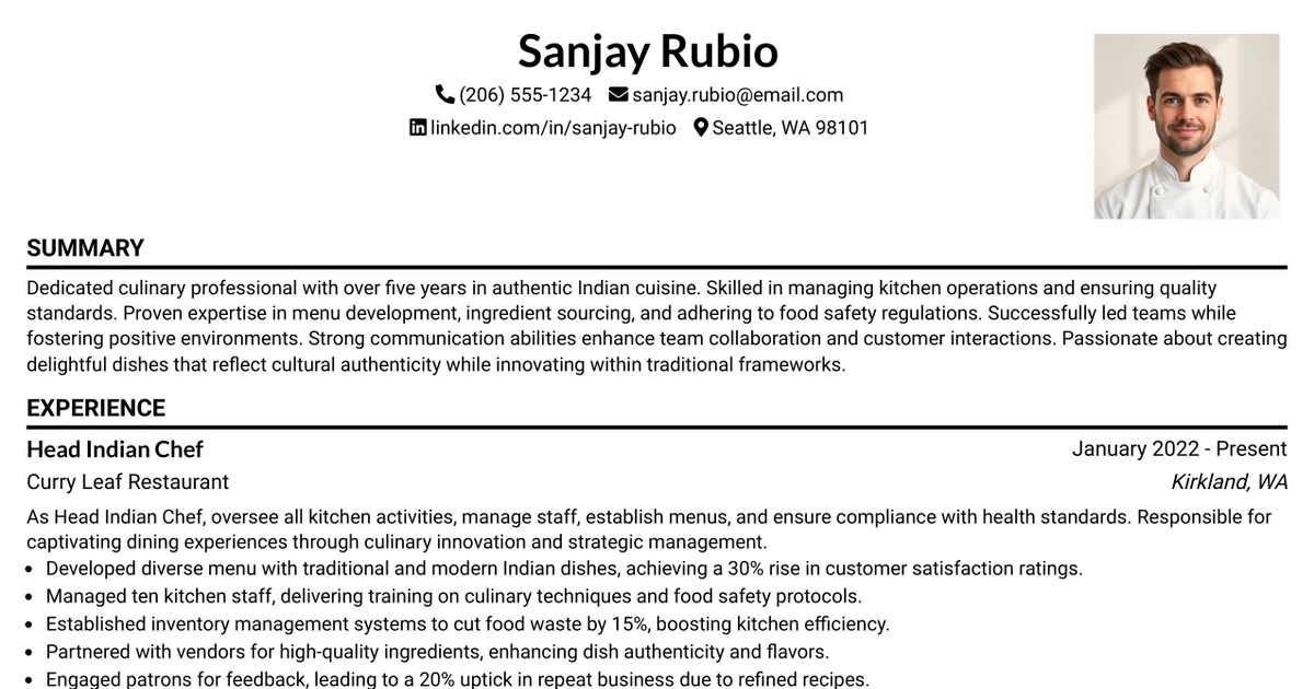 33 Indian Chef Resume Templates with Example 2026 (ATS-Optimized)