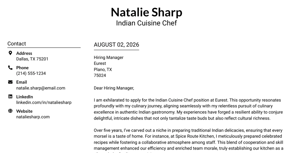 30+ Indian Cuisine Chef Cover Letter Templates with Example 2026