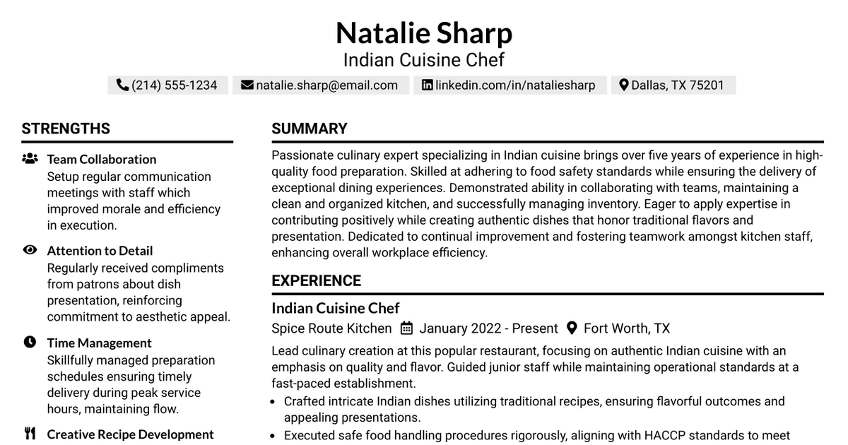 33 Indian Cuisine Chef Resume Templates with Example 2026 (ATS-Optimized)