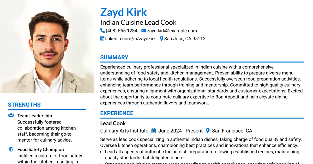 33 Indian Cuisine Lead Cook Resume Templates with Example 2026 (ATS-Optimized)