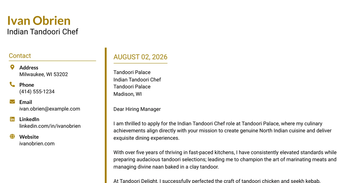 30+ Indian Tandoori Chef Cover Letter Templates with Example 2026