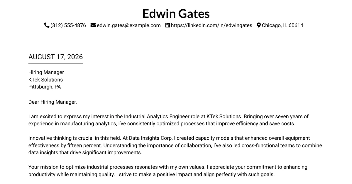 30+ Industrial Analytics Engineer Cover Letter Templates with Example 2026