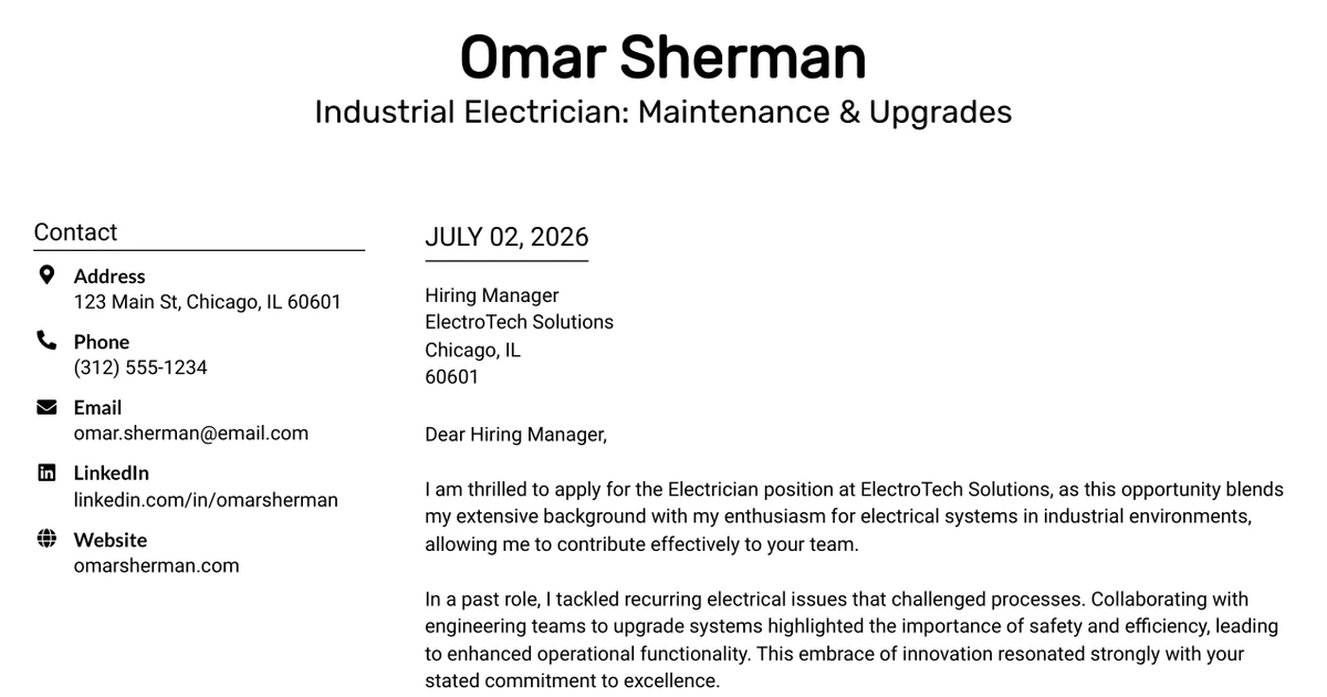 30+ Industrial Electrician: Maintenance & Upgrades Cover Letter Templates with Example 2026