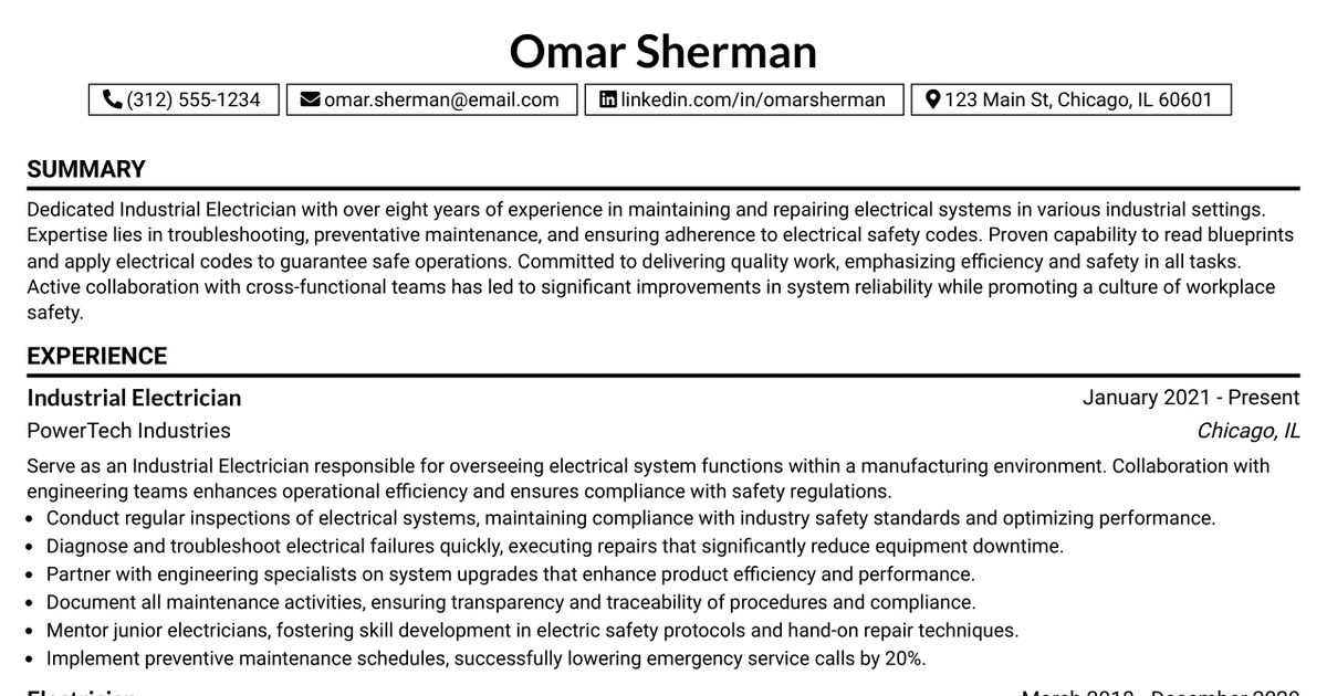33 Industrial Electrician: Maintenance & Upgrades Resume Templates with Example 2026 (ATS-Optimized)