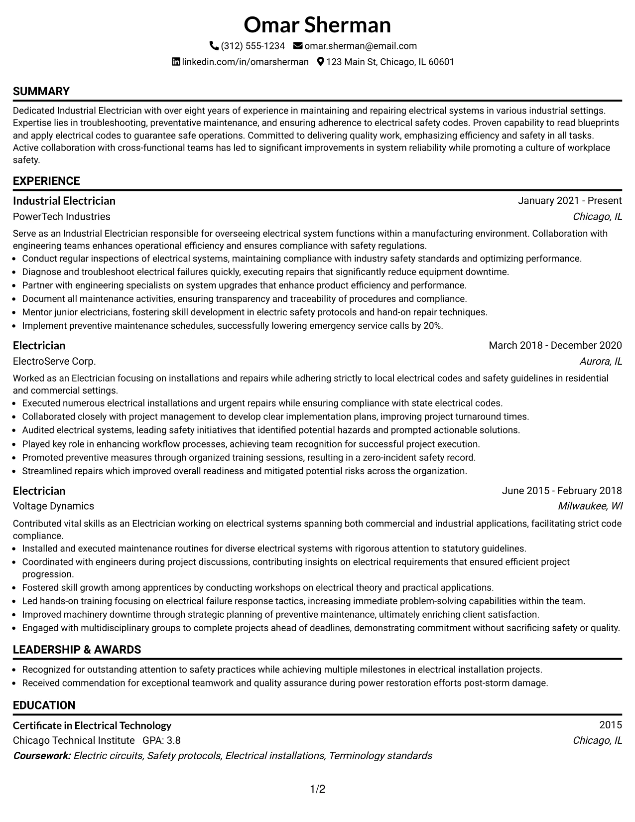 Resume Example Page 1