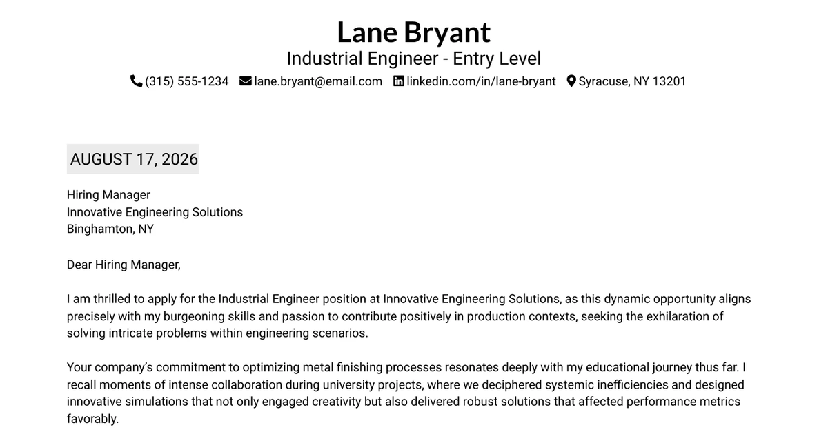 30+ Industrial Engineer - Entry Level Cover Letter Templates with Example 2026