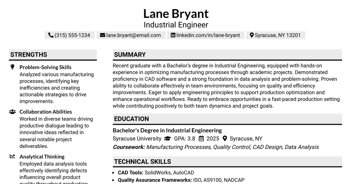 33 Industrial Engineer - Entry Level Resume Templates with Example 2026 (ATS-Optimized)