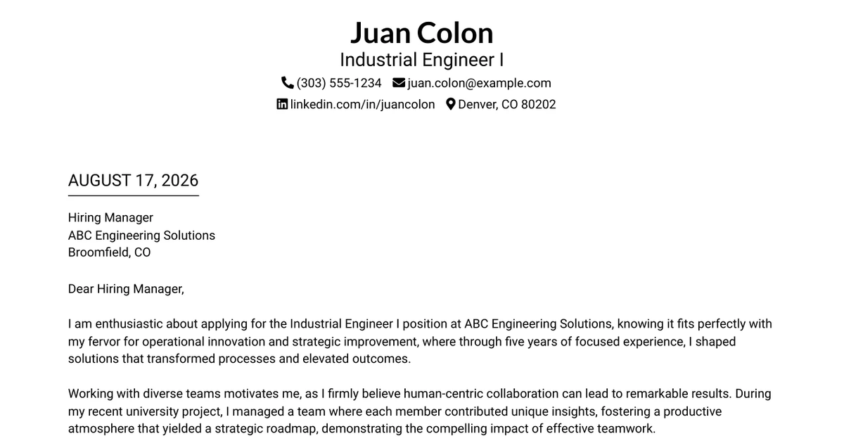 30+ Industrial Engineer I Cover Letter Templates with Example 2026