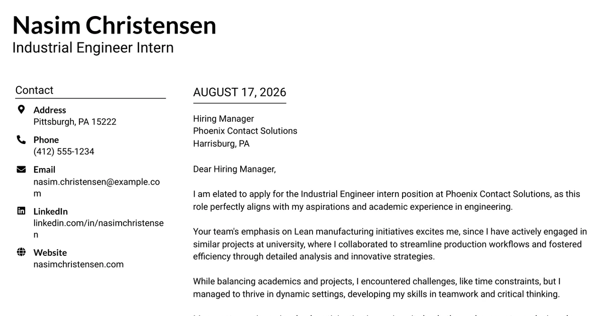 30+ Industrial Engineer Intern Cover Letter Templates with Example 2026