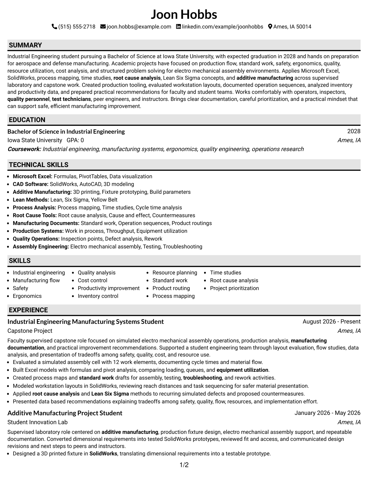 Resume Example Page 1