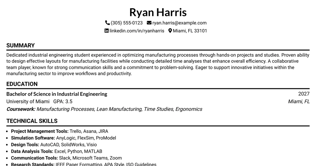33 Industrial Engineering Intern Resume Templates with Example 2026 (ATS-Optimized)