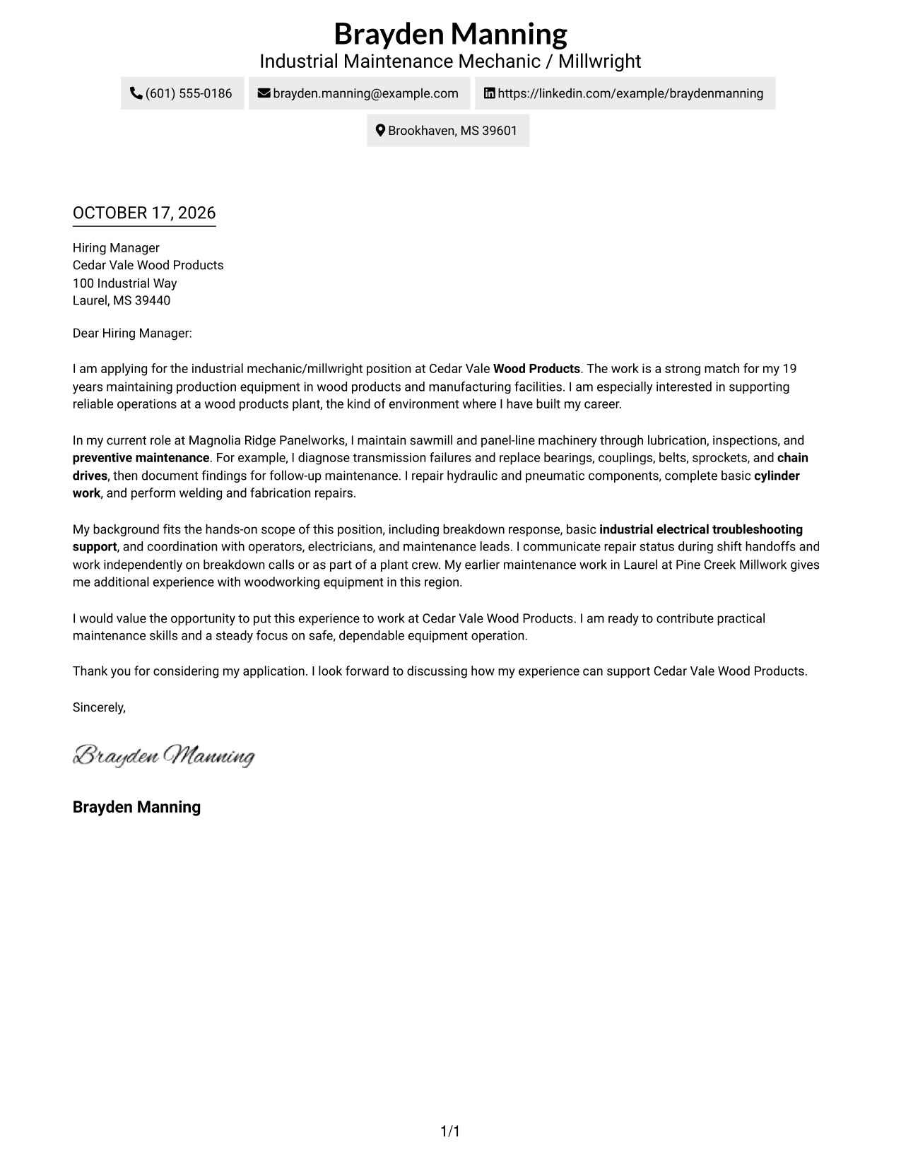 Cover letter example — page 1