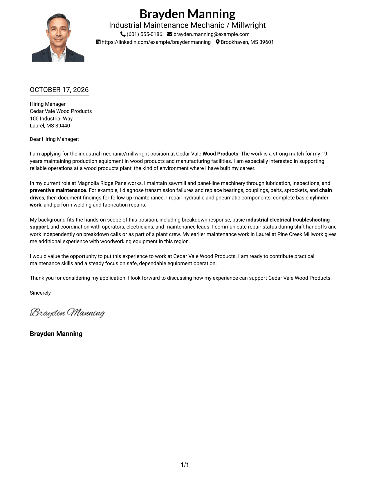 Cover letter example — page 1