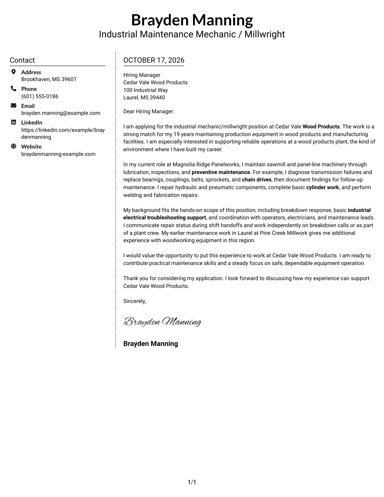 Cover letter example — page 1