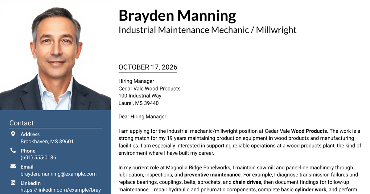 7 Industrial Mechanic/Millwright - Wood Products Manufacturing Cover Letter Templates with Example