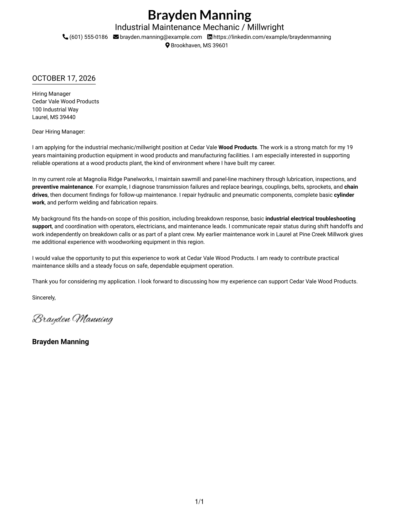 Cover letter example — page 1