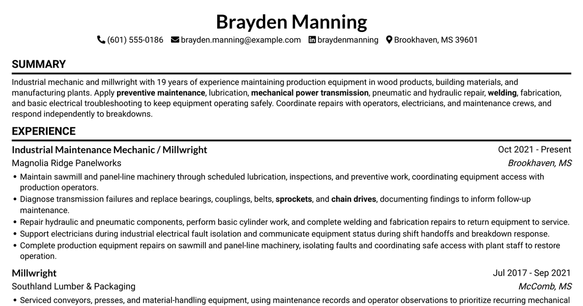 7 Industrial Mechanic/Millwright - Wood Products Manufacturing Resume Templates with Example