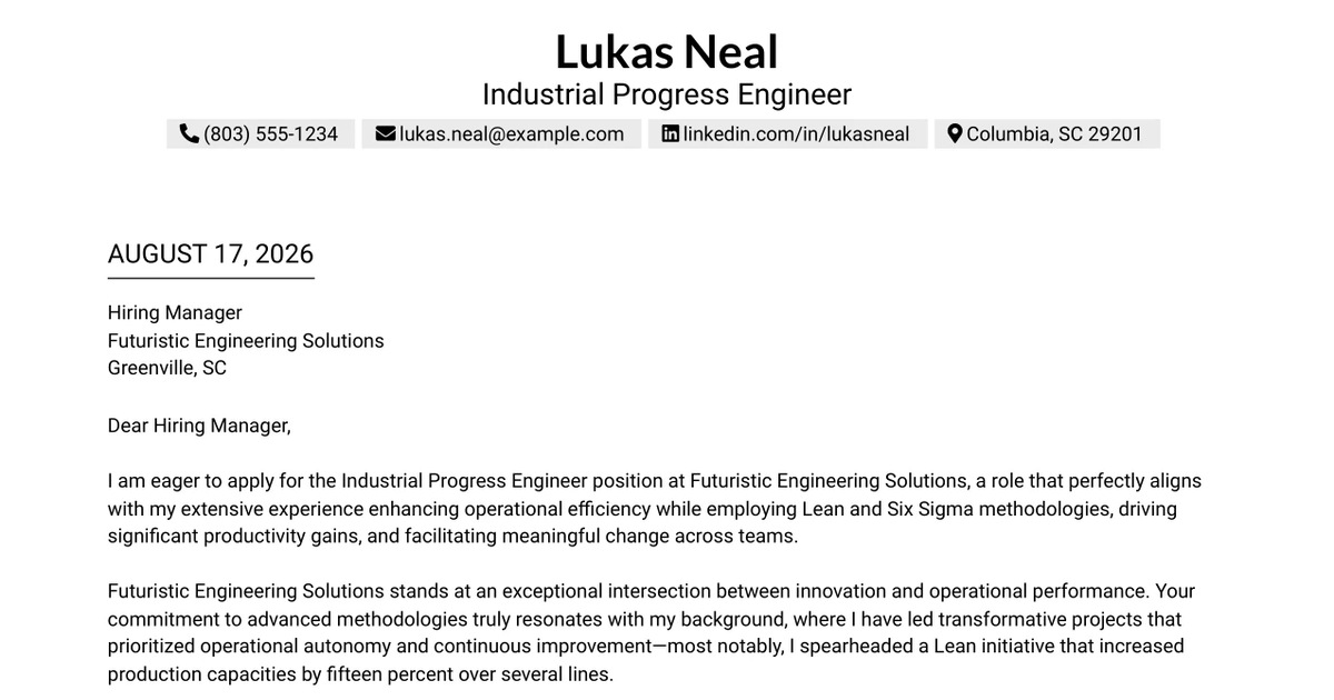 30+ Industrial Progress Engineer Cover Letter Templates with Example 2026
