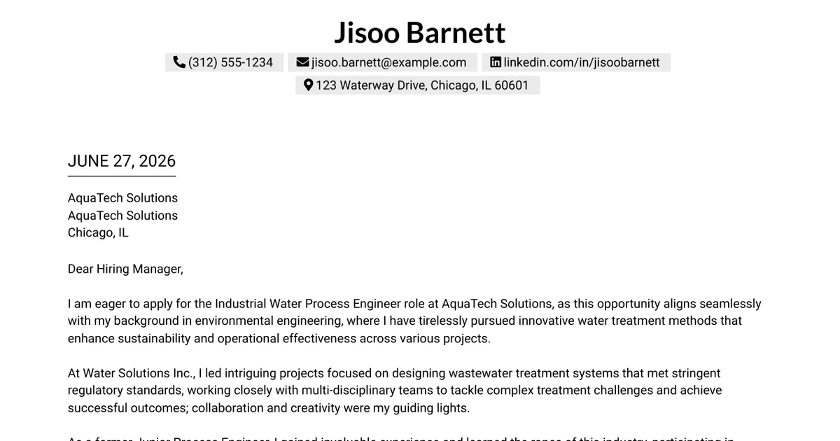 30+ Industrial Water Process Engineer Cover Letter Templates with Example 2026