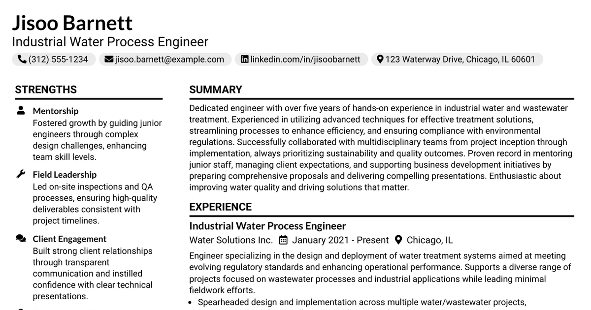 33 Industrial Water Process Engineer Resume Templates with Example 2026 (ATS-Optimized)
