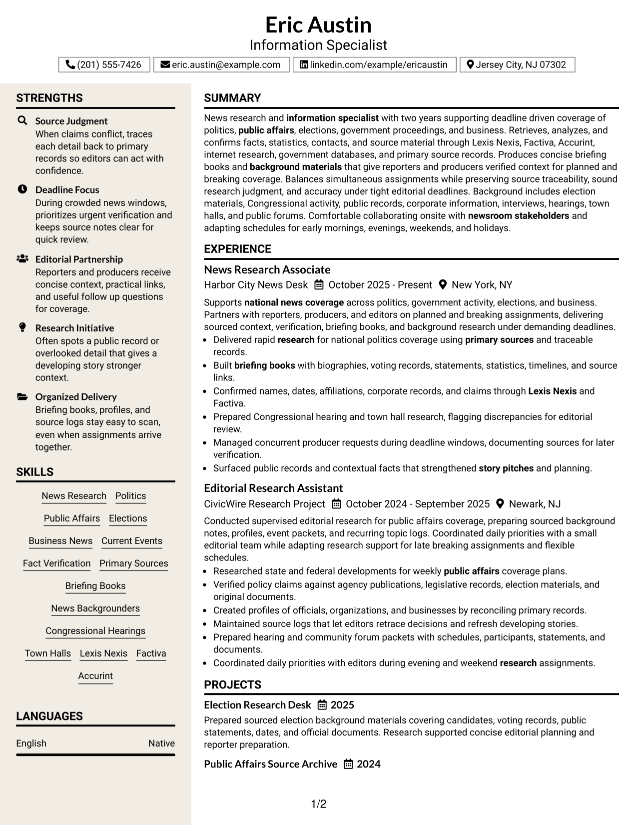 Resume Example Page 1