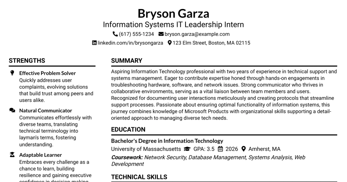 33 Information Systems IT Leadership Intern Resume Templates with Example 2026 (ATS-Optimized)