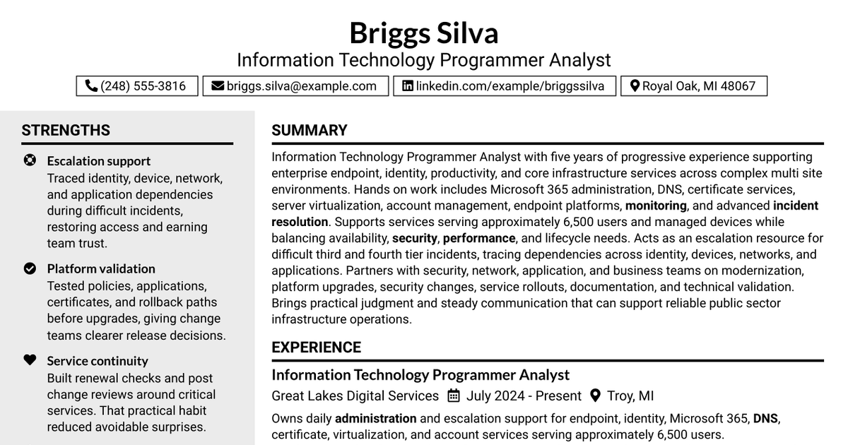 7 Information Technology Programmer Analyst - Endpoint & User Management Resume Templates with Example