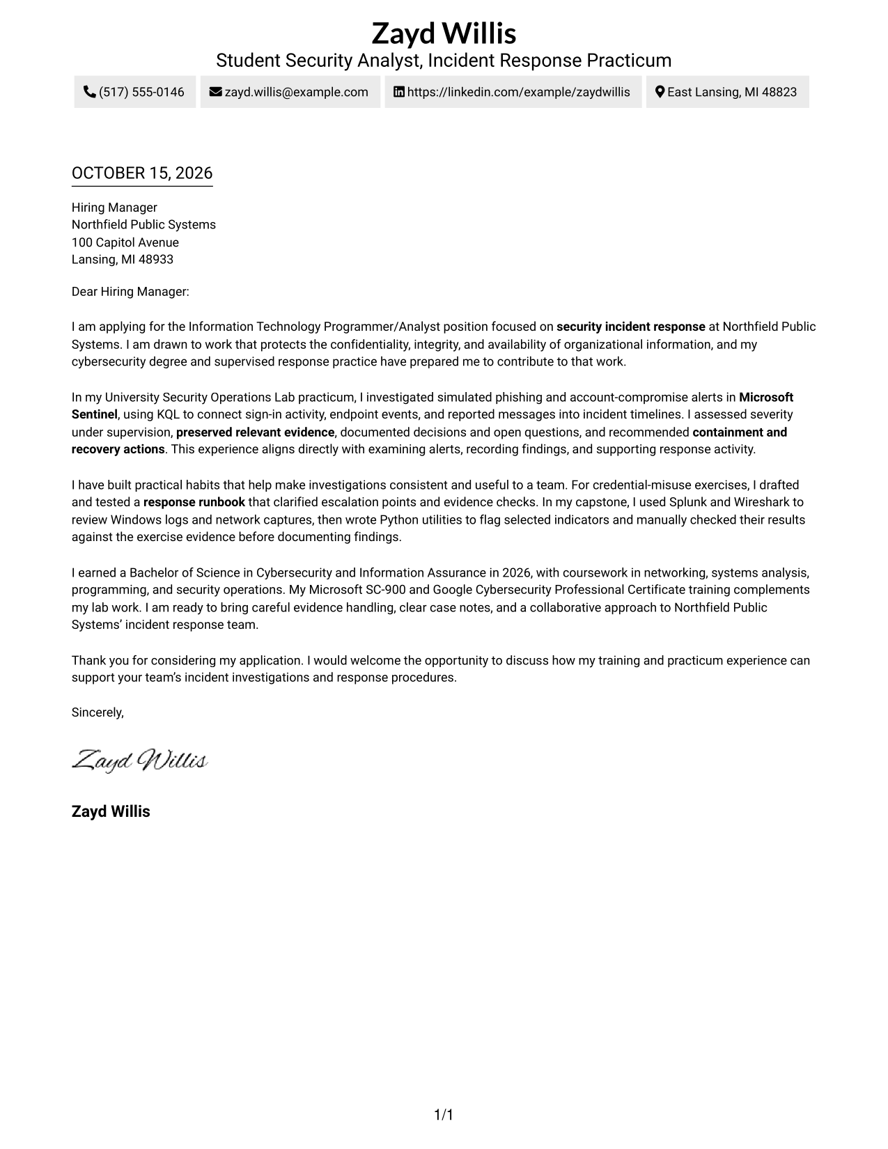 Cover letter example — page 1