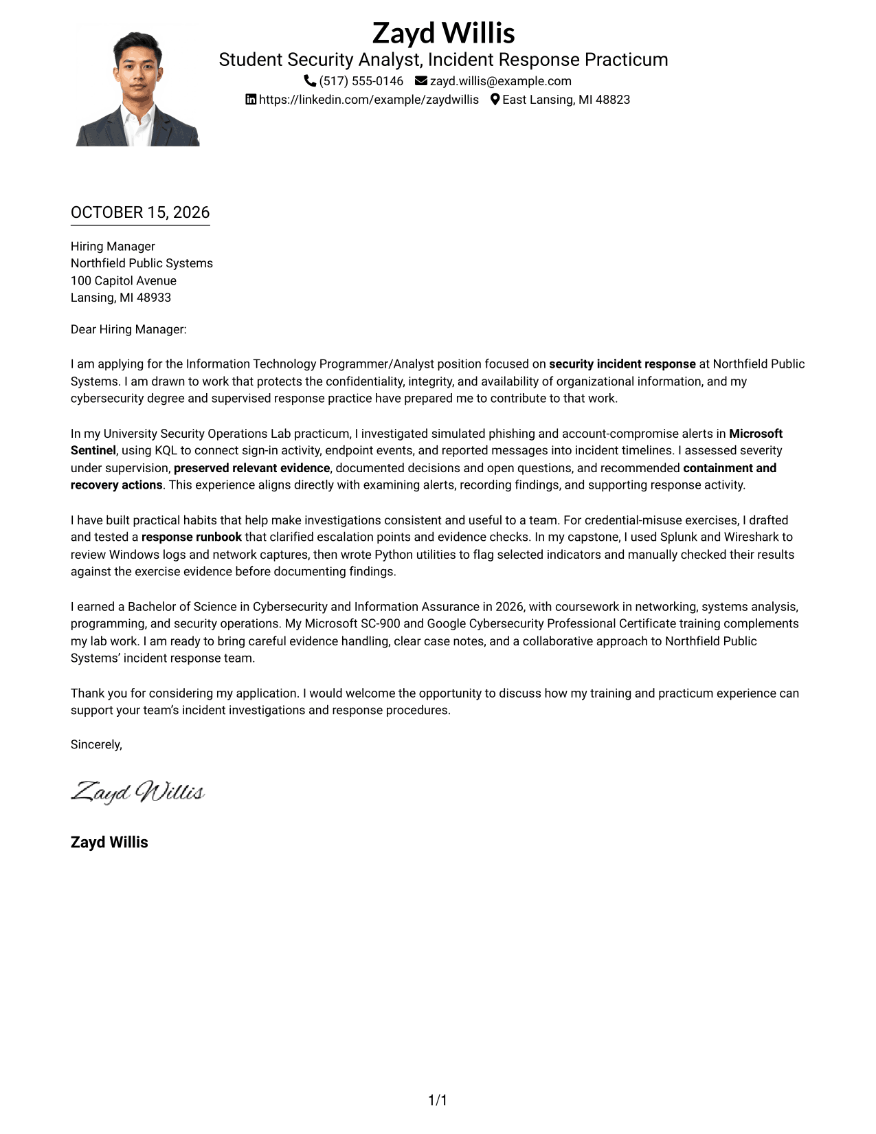 Cover letter example — page 1