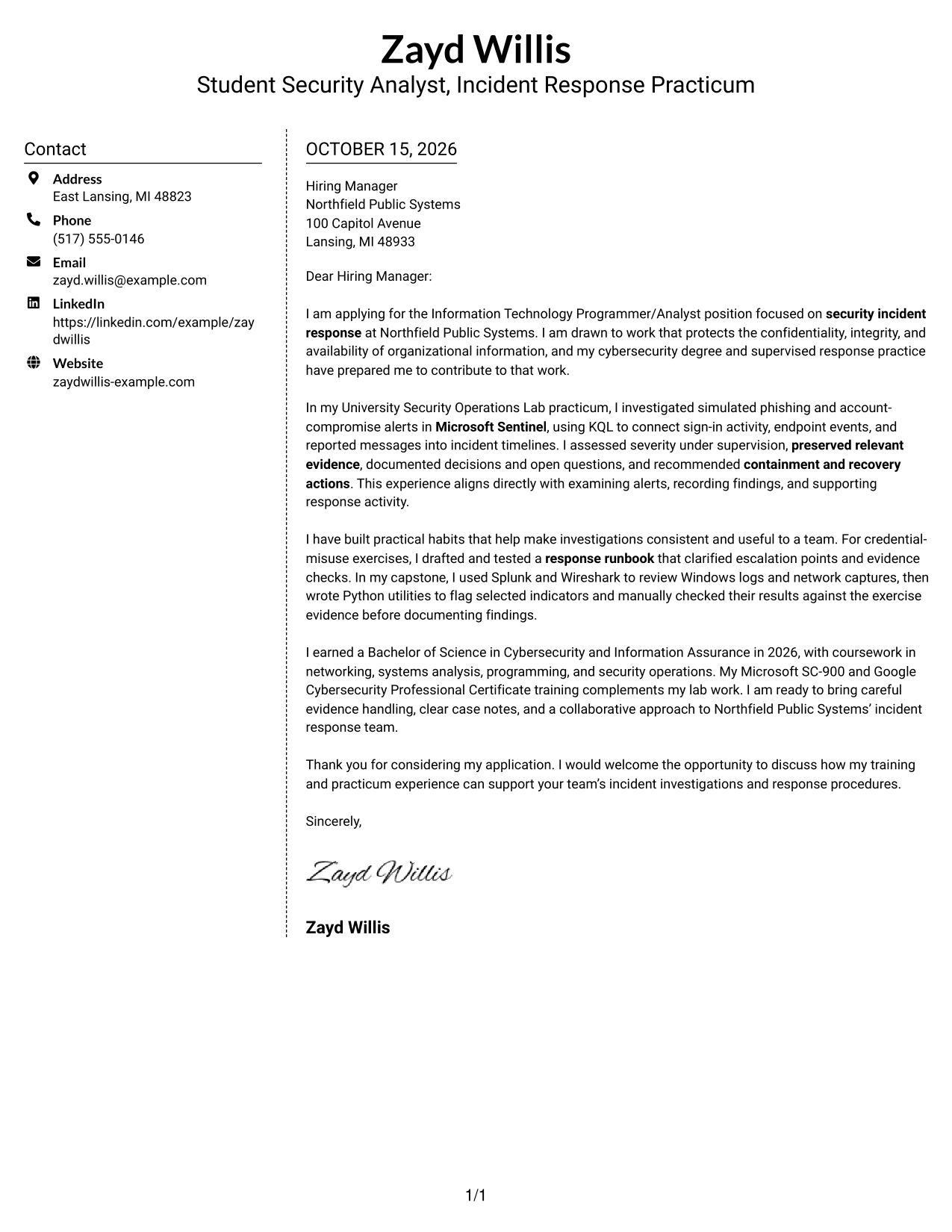 Cover letter example — page 1
