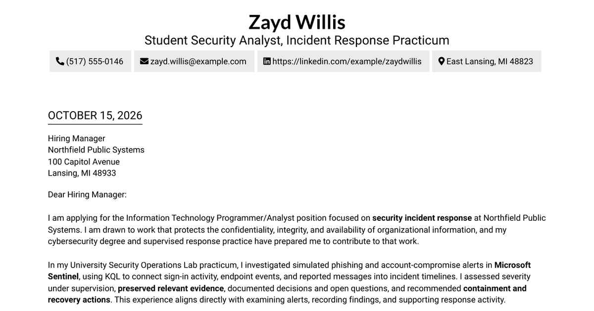7 Information Technology Programmer/Analyst - Security Incident Response Cover Letter Templates with Example