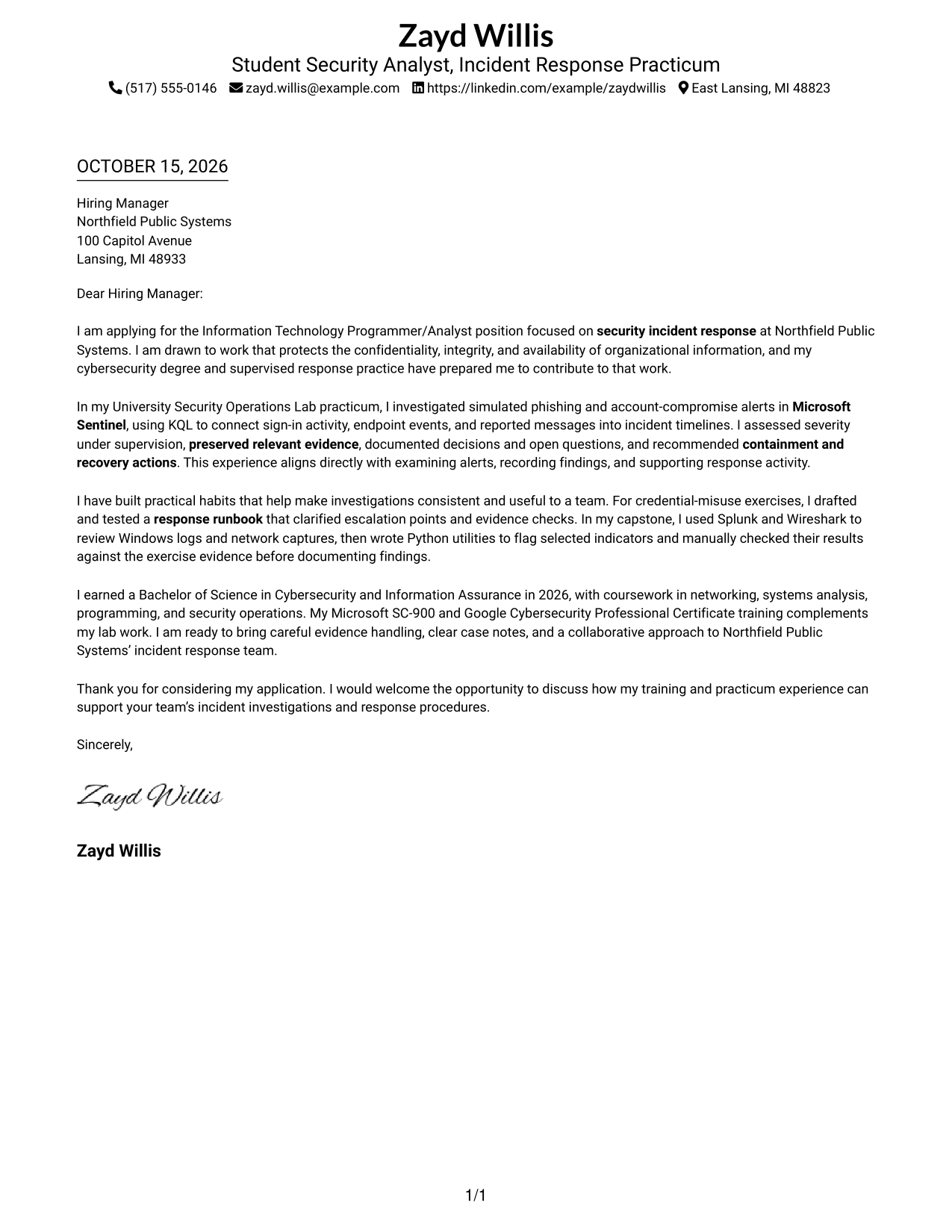 Cover letter example — page 1